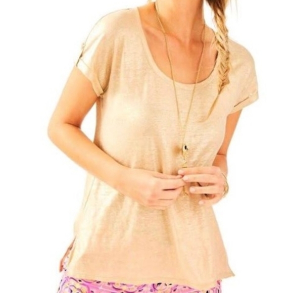 Lilly Pulitzer Inara Metallic Linen Shortsleeve Top - Picture 1 of 10
